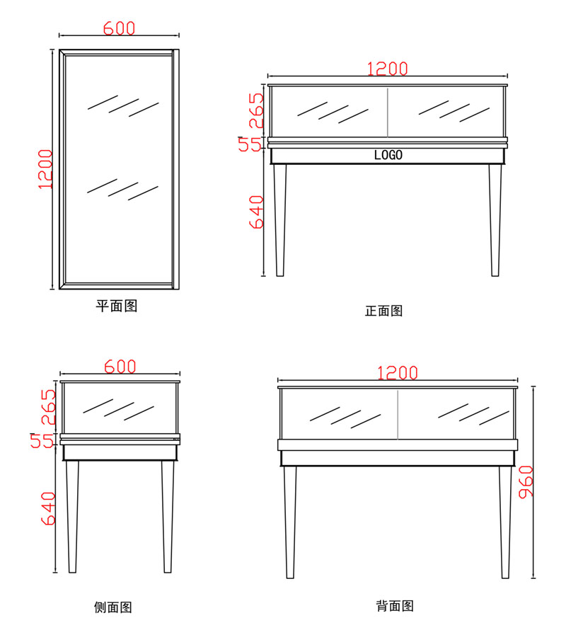 1200-600-960mm四脚前柜玻璃门不包边